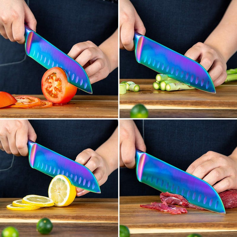 WELLSTAR Santoku Knife 7 Inch WELLSTAR, Super Sharp German Steel Kitchen Cooking Knife with Comfortable Handle and Rainbow Titanium Coating for Chopping Slicing Dicing and Mincing of Meat Vegetables and Fruits - Image 3